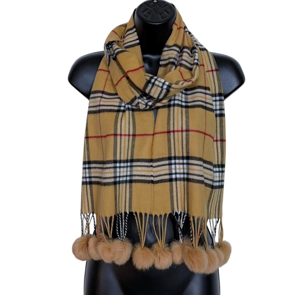 Plaid Scarf Tan Tartan Check Fringe Rabbit Fur Pom Poms Coquette Preppy Academic